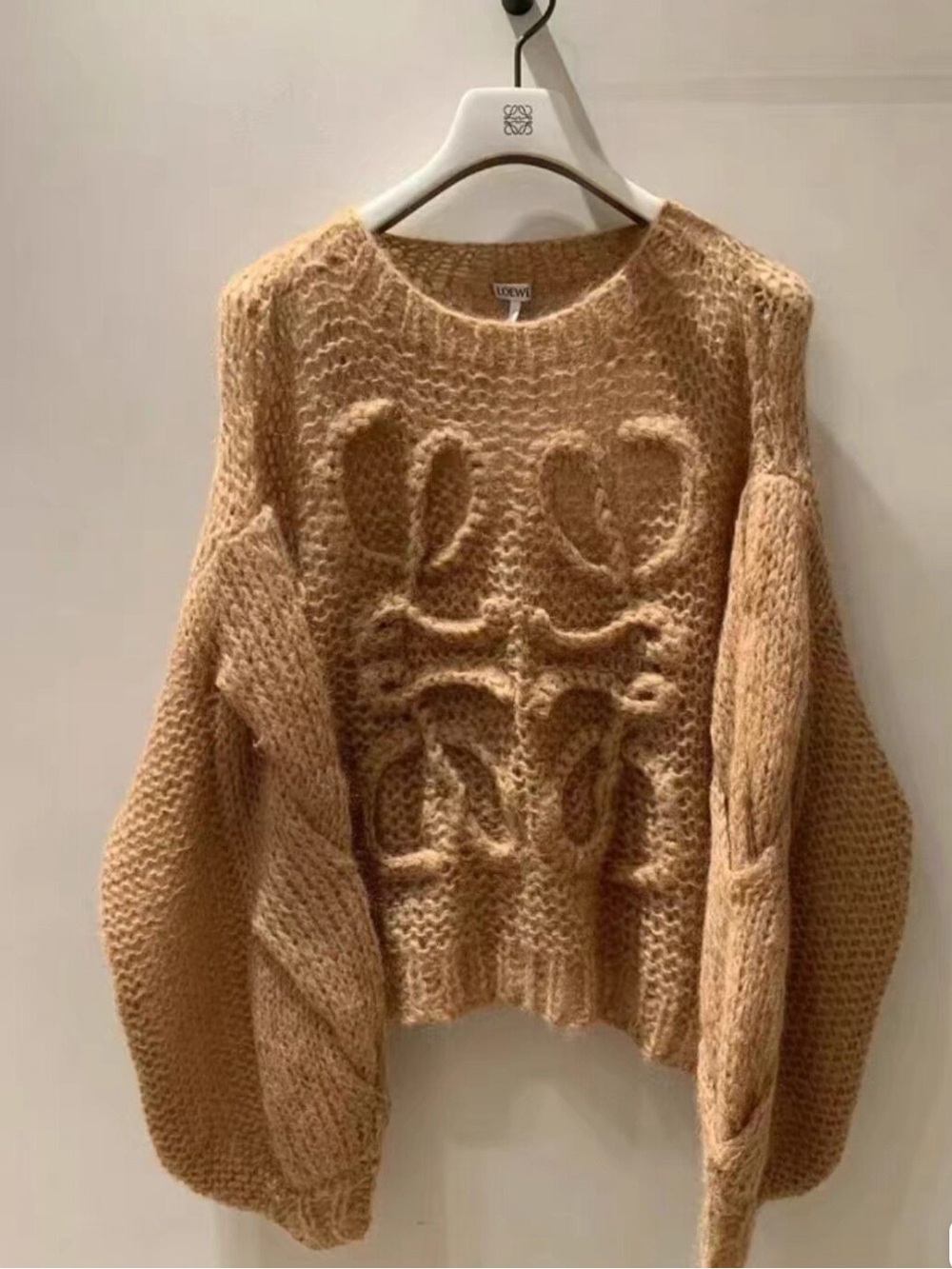 Loewe Camel Mohair-Blend Crewneck Sweater with Raised Motif